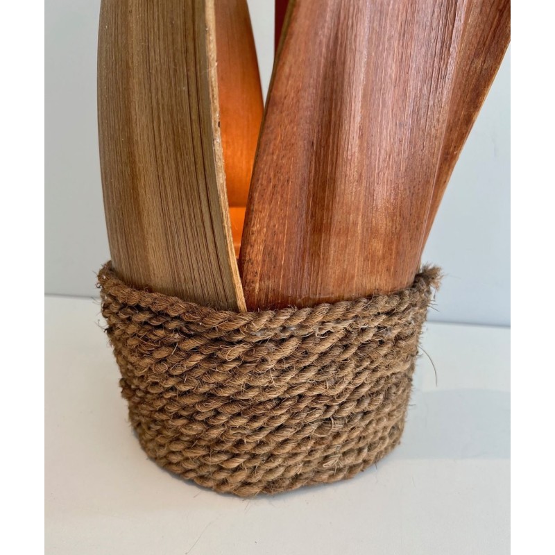 Lampe de Table Palmier et Corde en Rotin, Travail Français, vers 1970