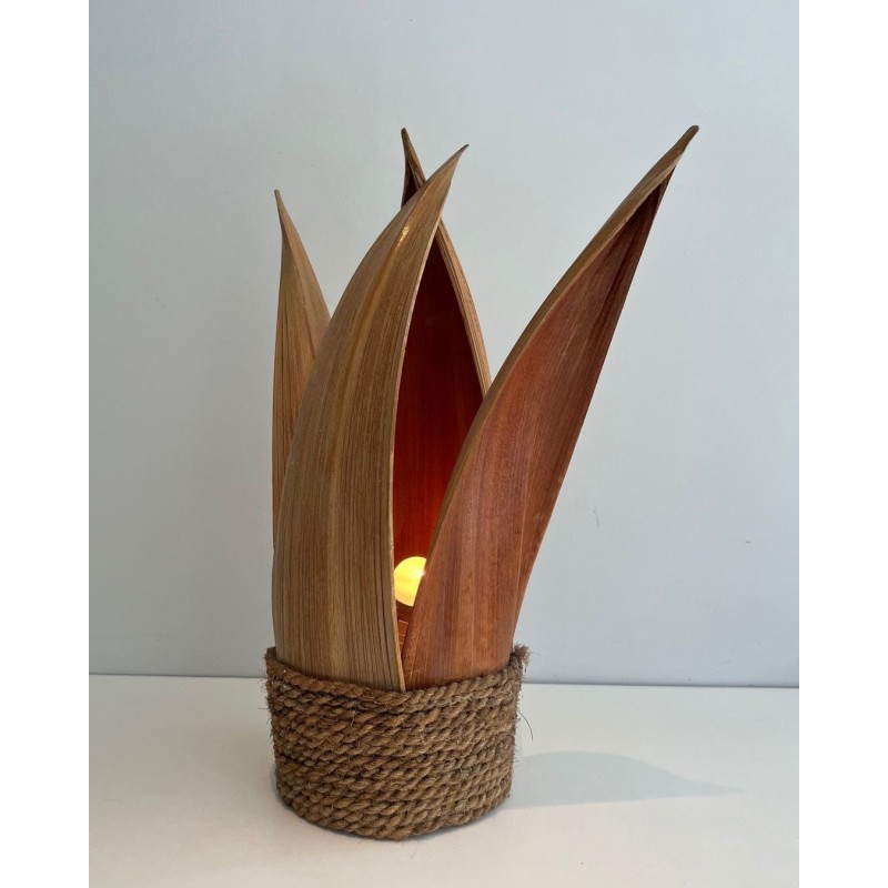 Lampe de Table Palmier et Corde en Rotin, Travail Français, vers 1970