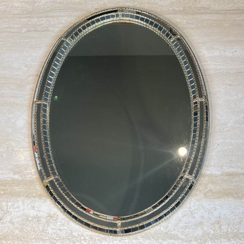 Oval Multi-Faceted Wall Mirror with Brass Garlands, 1970s | Maison Barrois