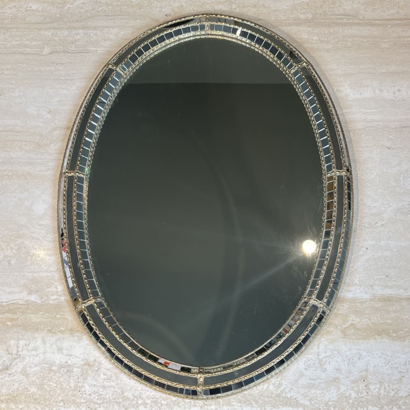 Oval Multi-Faceted Wall Mirror with Brass Garlands, 1970s | Maison Barrois