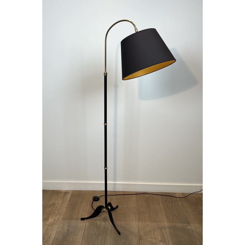 Crook-Arm Floor Lamp in Black Lacquered Metal and Brass, C | Maison Barrois