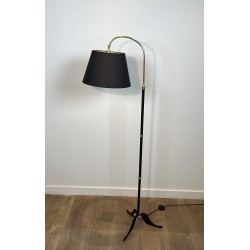 Crook-Arm Floor Lamp in Black Lacquered Metal and Brass, C | Maison Barrois