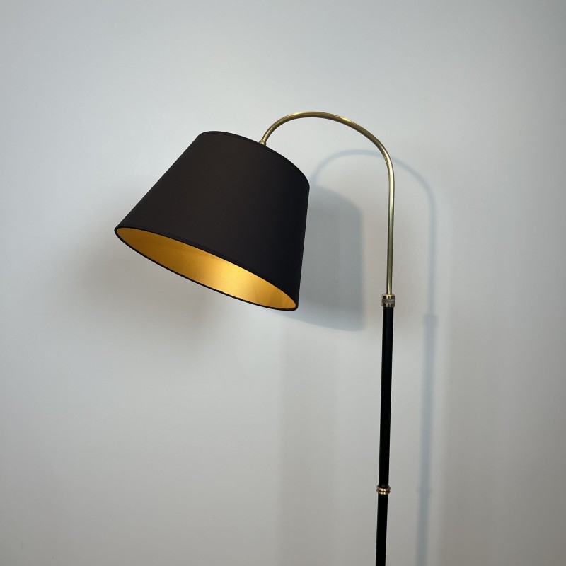 Crook-Arm Floor Lamp in Black Lacquered Metal and Brass, C | Maison Barrois