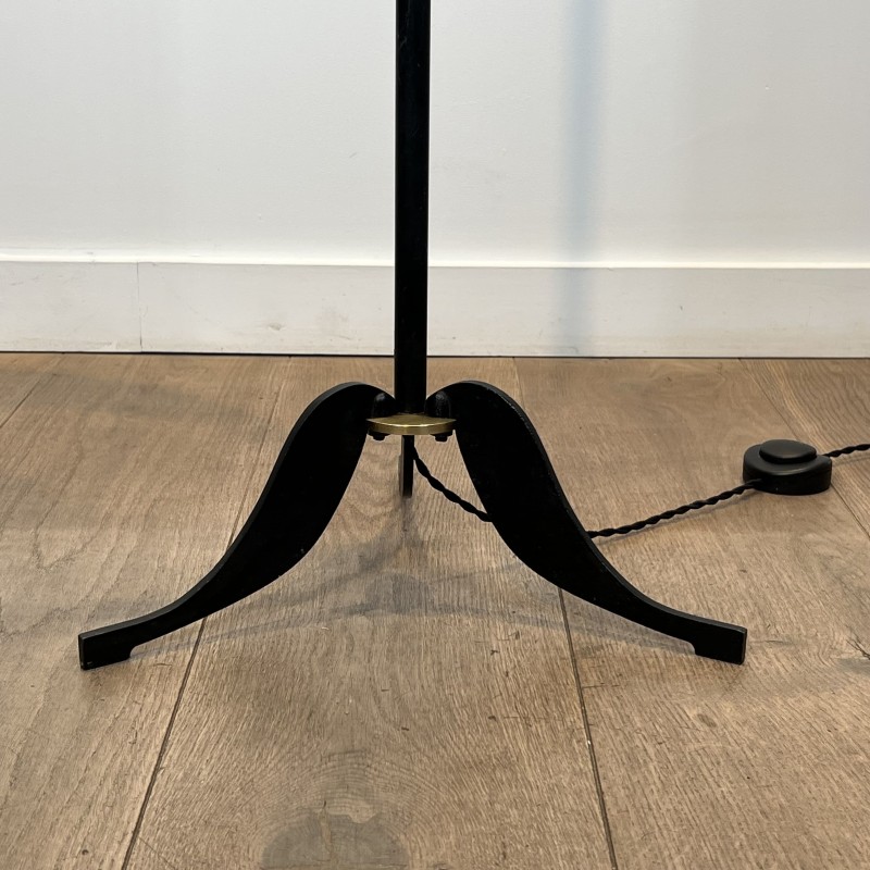 Crook-Arm Floor Lamp in Black Lacquered Metal and Brass, C | Maison Barrois