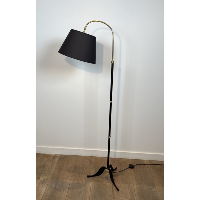 Crook-Arm Floor Lamp in Black Lacquered Metal and Brass, C | Maison Barrois