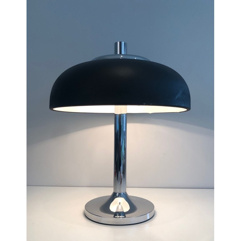 Grande Lampe de Table Chrome et Laque Noire, Mid-Century, Travail Français, vers 1950