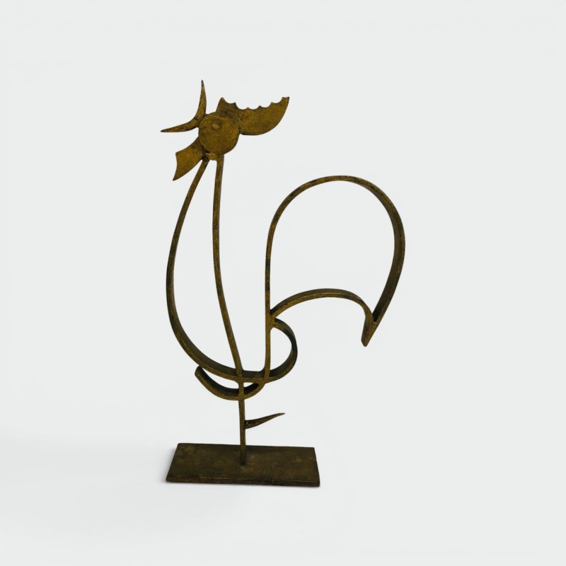 Stylised Rooster in Gilt Wrought Iron on a Base, French Wo | Maison Barrois