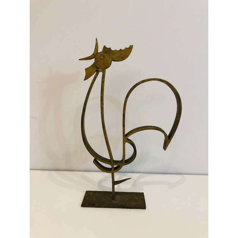 Stylised Rooster in Gilt Wrought Iron on a Base, French Wo | Maison Barrois
