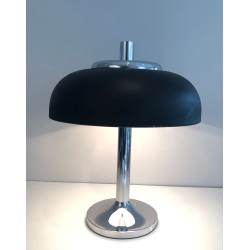 Grande Lampe de Table Chrome et Laque Noire, Mid-Century, Travail Français, vers 1950