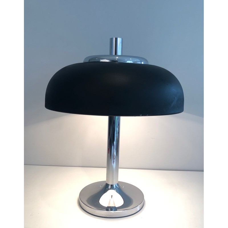 Grande Lampe de Table Chrome et Laque Noire, Mid-Century, Travail Français, vers 1950