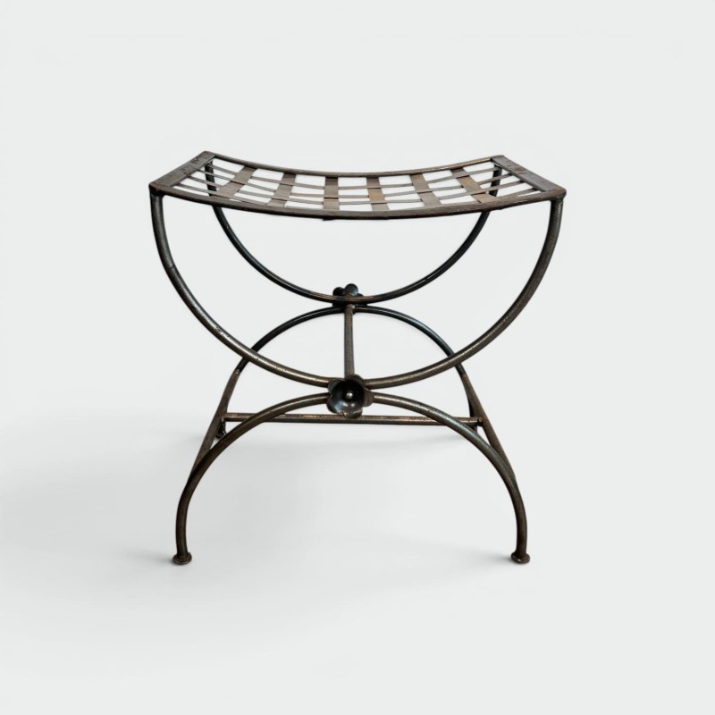 Polished Wrought Iron Curule Stool with Woven Seat and Flo | Maison Barrois