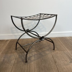 Polished Wrought Iron Curule Stool with Woven Seat and Flo | Maison Barrois