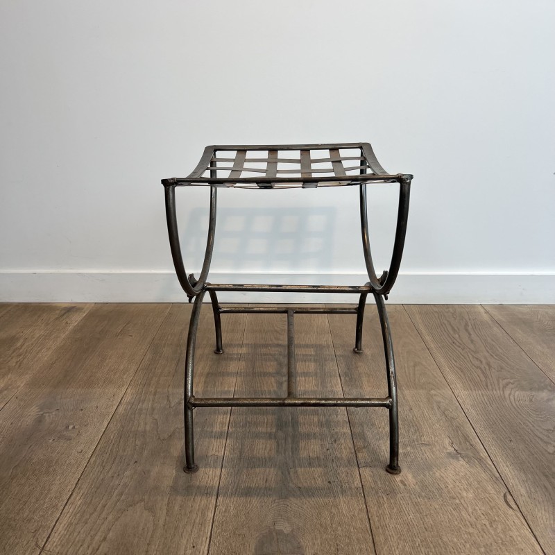 Polished Wrought Iron Curule Stool with Woven Seat and Flo | Maison Barrois