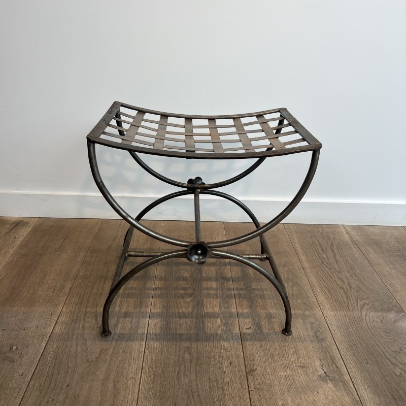 Polished Wrought Iron Curule Stool with Woven Seat and Flo | Maison Barrois