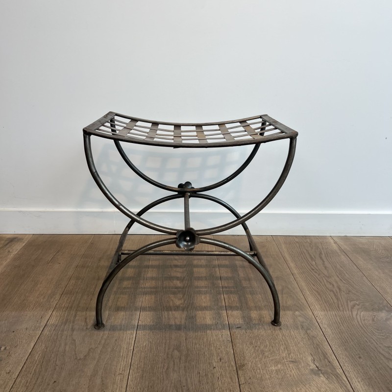 Polished Wrought Iron Curule Stool with Woven Seat and Flo | Maison Barrois