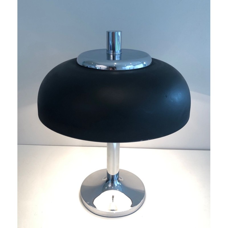 Grande Lampe de Table Chrome et Laque Noire, Mid-Century, Travail Français, vers 1950