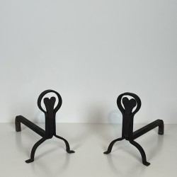 Pair of Wrought Iron Andirons with Ring and Heart Decorati | Maison Barrois