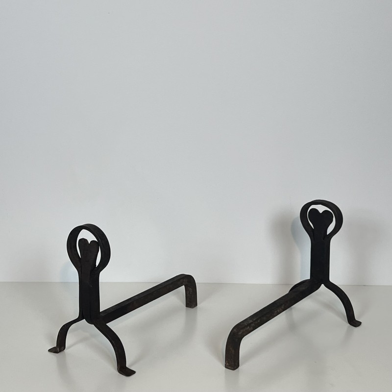 Pair of Wrought Iron Andirons with Ring and Heart Decorati | Maison Barrois