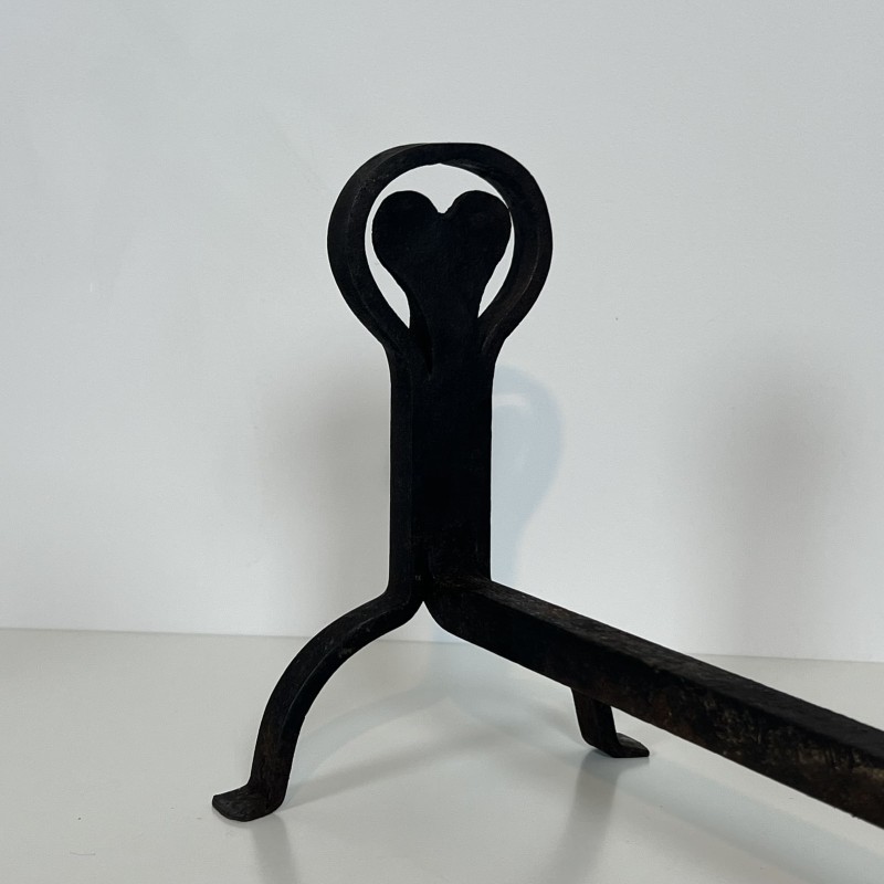 Pair of Wrought Iron Andirons with Ring and Heart Decorati | Maison Barrois