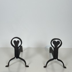 Pair of Wrought Iron Andirons with Ring and Heart Decorati | Maison Barrois