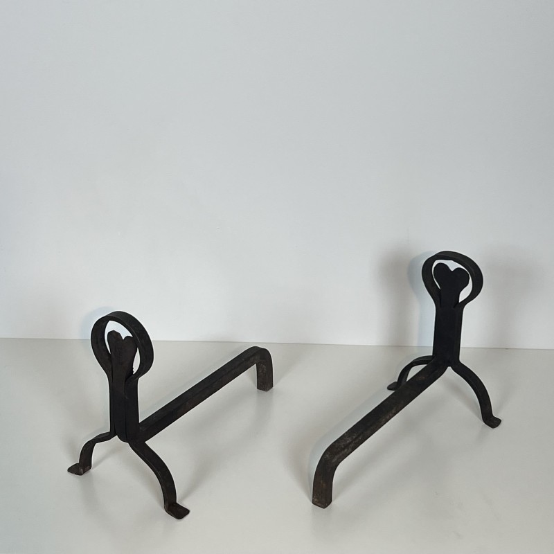 Pair of Wrought Iron Andirons with Ring and Heart Decorati | Maison Barrois