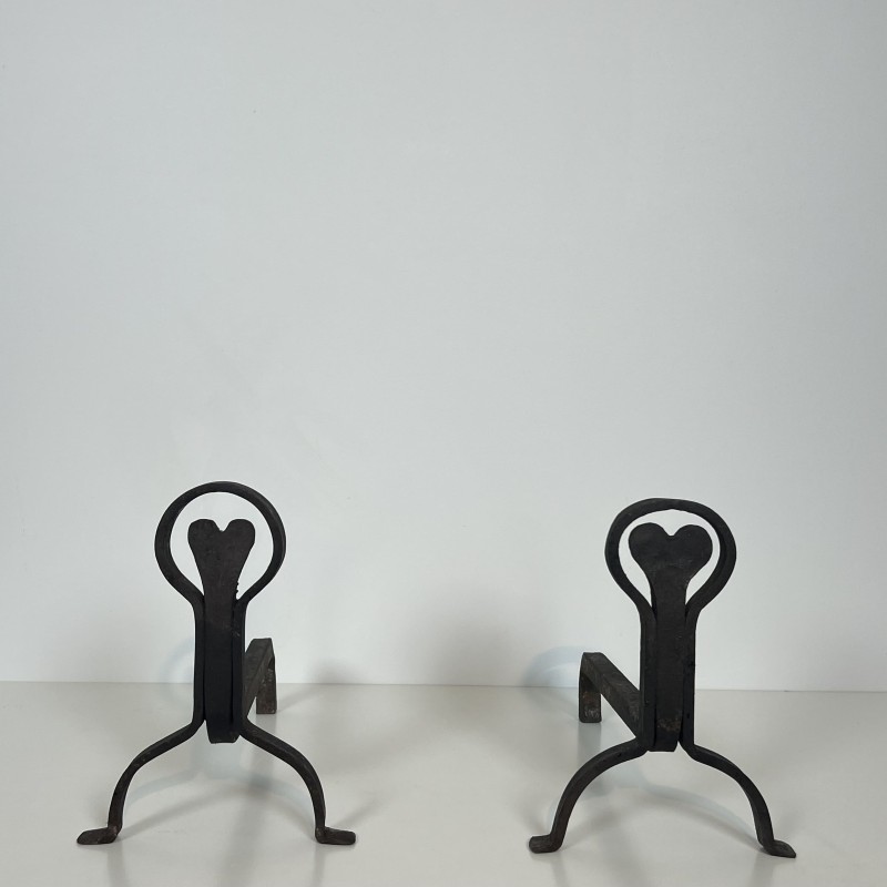 Pair of Wrought Iron Andirons with Ring and Heart Decorati | Maison Barrois