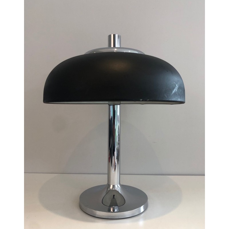 Grande Lampe de Table Chrome et Laque Noire, Mid-Century, Travail Français, vers 1950