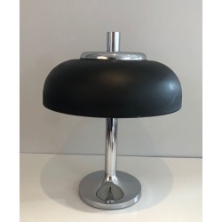 Grande Lampe de Table Chrome et Laque Noire, Mid-Century, Travail Français, vers 1950