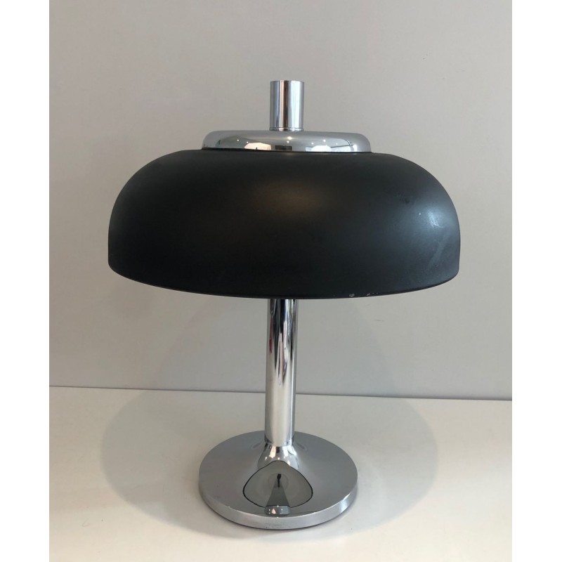 Grande Lampe de Table Chrome et Laque Noire, Mid-Century, Travail Français, vers 1950