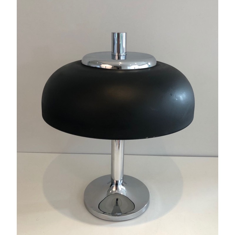 Grande Lampe de Table Chrome et Laque Noire, Mid-Century, Travail Français, vers 1950