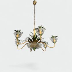 Lustre à Six Lumières en Métal Doré et Tôle Laquée Verte, | Maison Barrois