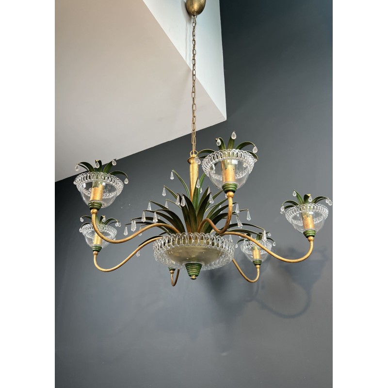 Lustre à Six Lumières en Métal Doré et Tôle Laquée Verte, | Maison Barrois