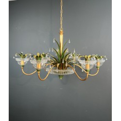 Lustre à Six Lumières en Métal Doré et Tôle Laquée Verte, | Maison Barrois
