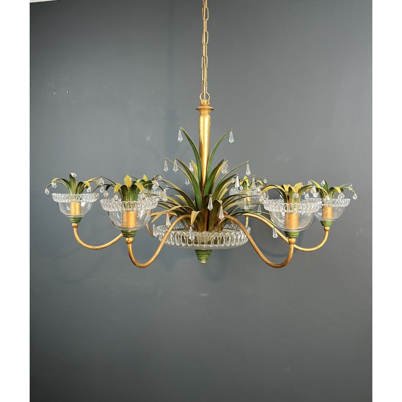 Lustre à Six Lumières en Métal Doré et Tôle Laquée Verte, | Maison Barrois