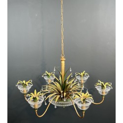 Lustre à Six Lumières en Métal Doré et Tôle Laquée Verte, | Maison Barrois