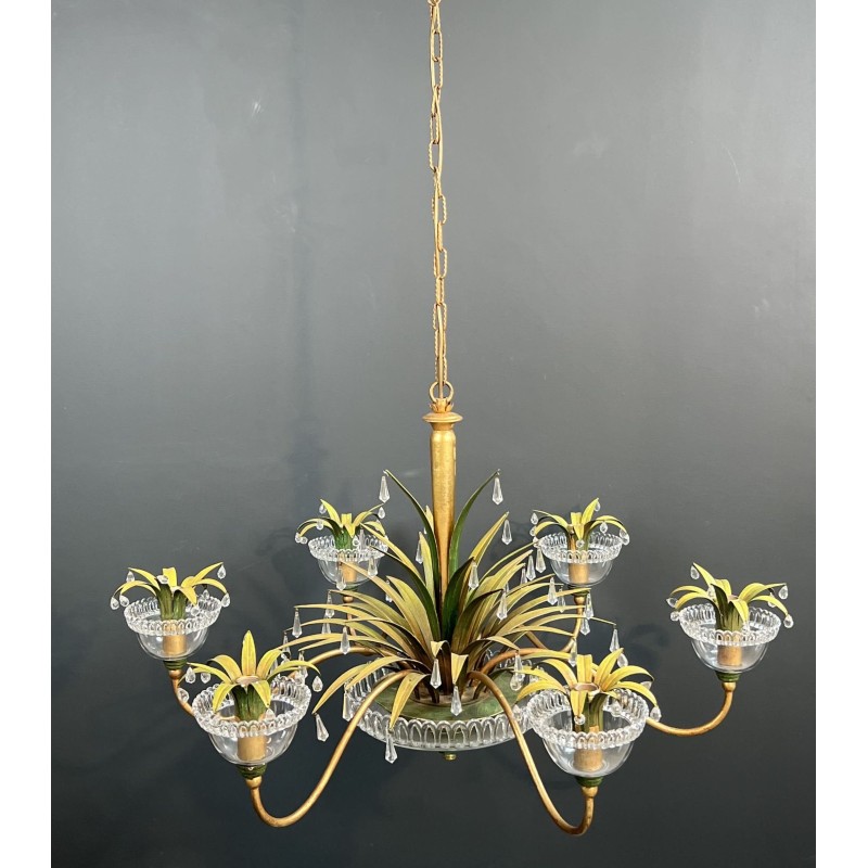 Lustre à Six Lumières en Métal Doré et Tôle Laquée Verte, | Maison Barrois