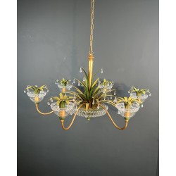 Lustre à Six Lumières en Métal Doré et Tôle Laquée Verte, | Maison Barrois