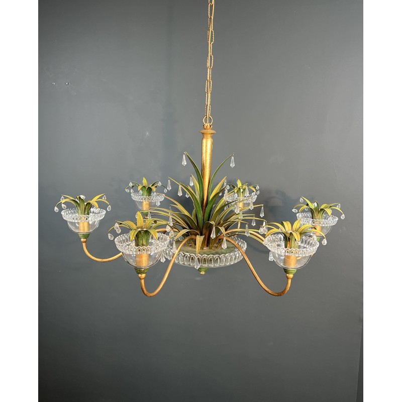 Lustre à Six Lumières en Métal Doré et Tôle Laquée Verte, | Maison Barrois