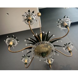 Lustre à Six Lumières en Métal Doré et Tôle Laquée Verte, | Maison Barrois