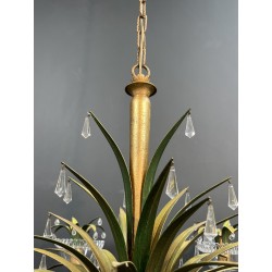 Lustre à Six Lumières en Métal Doré et Tôle Laquée Verte, | Maison Barrois