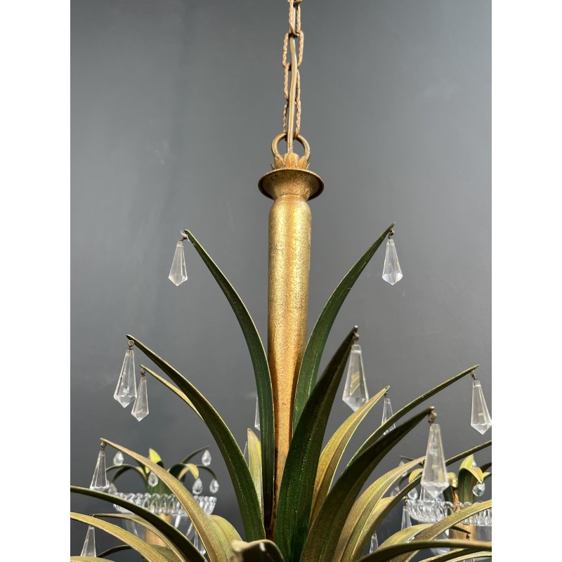 Lustre à Six Lumières en Métal Doré et Tôle Laquée Verte, | Maison Barrois