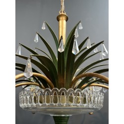 Lustre à Six Lumières en Métal Doré et Tôle Laquée Verte, | Maison Barrois