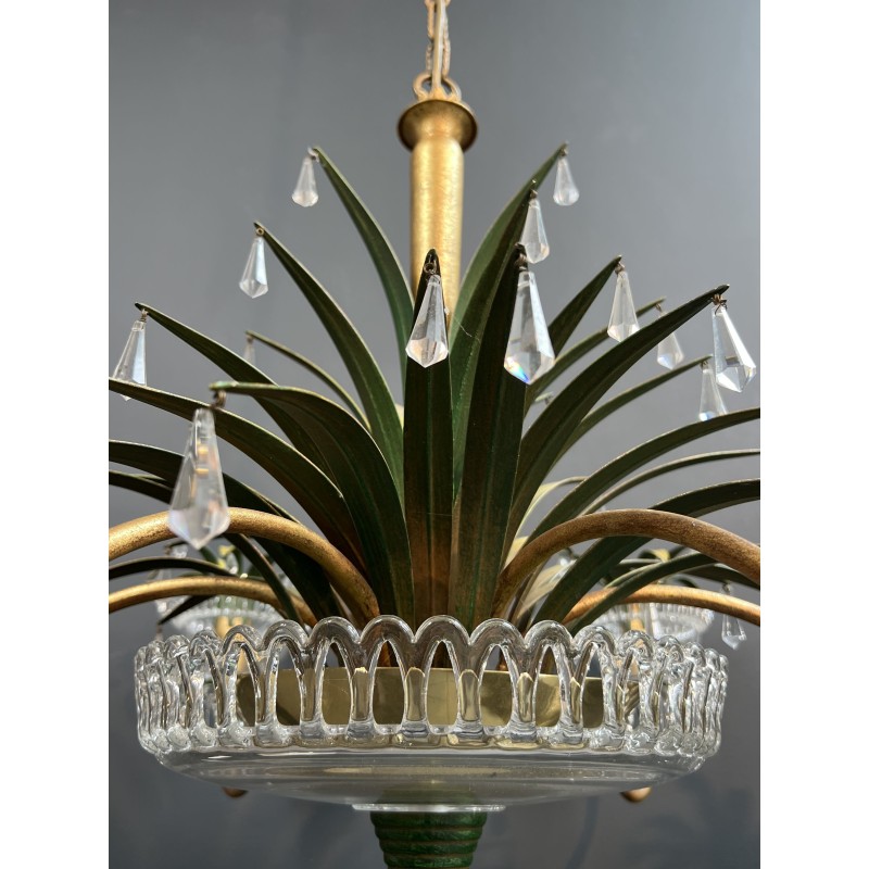 Lustre à Six Lumières en Métal Doré et Tôle Laquée Verte, | Maison Barrois