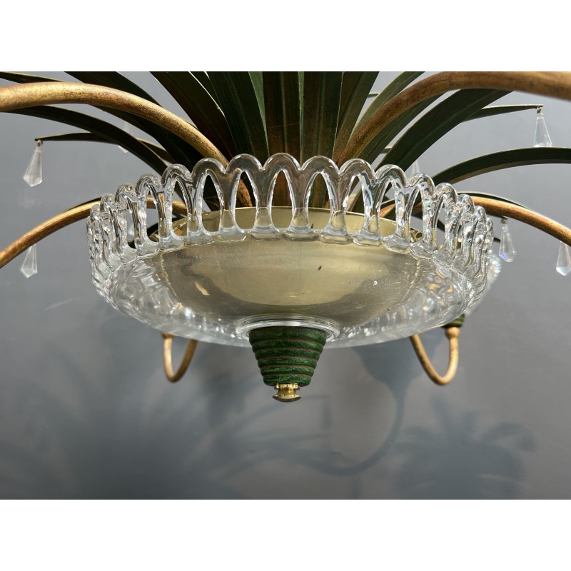 Lustre à Six Lumières en Métal Doré et Tôle Laquée Verte, | Maison Barrois