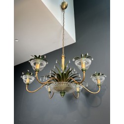 Lustre à Six Lumières en Métal Doré et Tôle Laquée Verte, | Maison Barrois