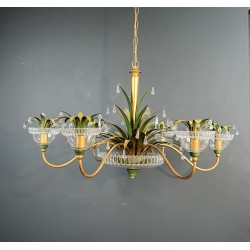 Lustre à Six Lumières en Métal Doré et Tôle Laquée Verte, | Maison Barrois