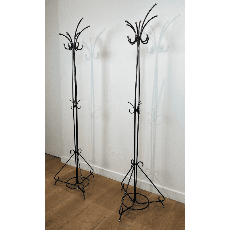 Pair of Standing Coat Racks in Black Lacquered Metal and B | Maison Barrois