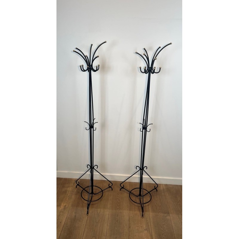 Pair of Standing Coat Racks in Black Lacquered Metal and B | Maison Barrois