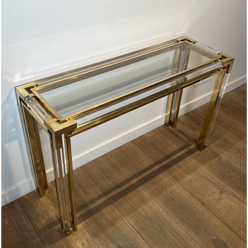 Console en Plexiglas et Laiton à Plateau de Verre, Attribu | Maison Barrois