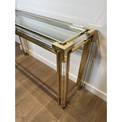 Console en Plexiglas et Laiton à Plateau de Verre, Attribu | Maison Barrois